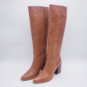 Nine West Brixie Tan Leather Pointed Toe Block Heel Knee High Boots Size 8